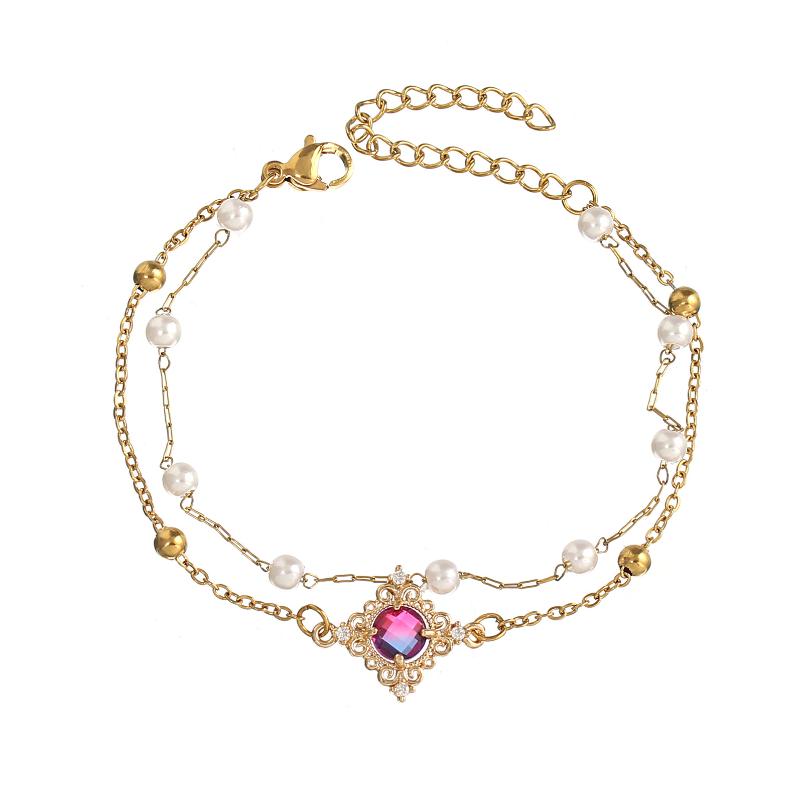 Wholesale Simple Style Round Stainless Steel Imitation Pearl Handmade Inlay Zircon Bracelets